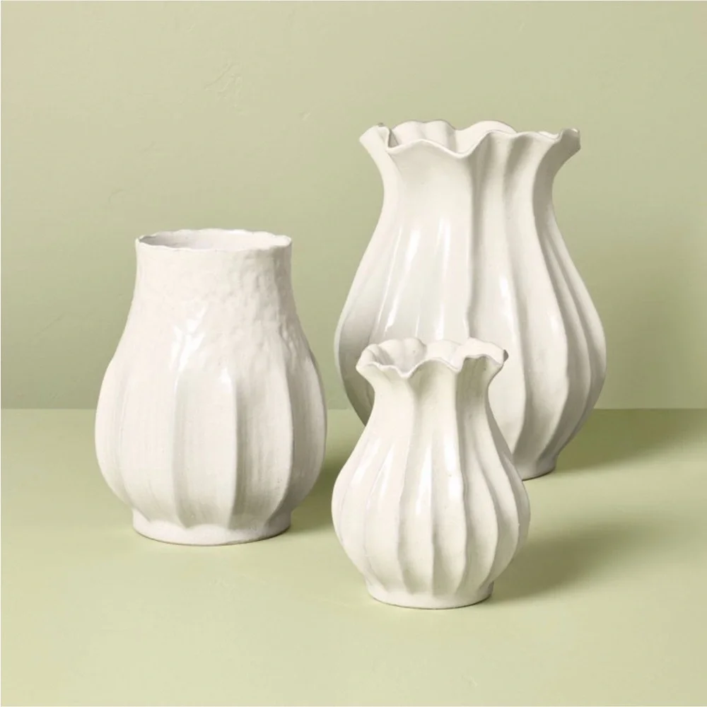 16” Pleated Ceramic Rustic Vase Sour Cream - Hearth & Hand™ with Magnolia